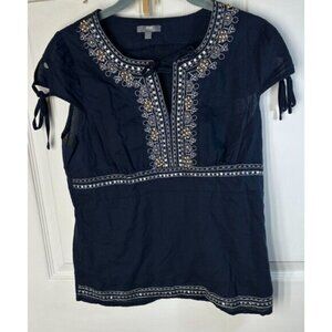 Max 14 Boho Style Blouse Wm Sm Navy Blue With Beaded Keyhole Neck Hippie Peasant